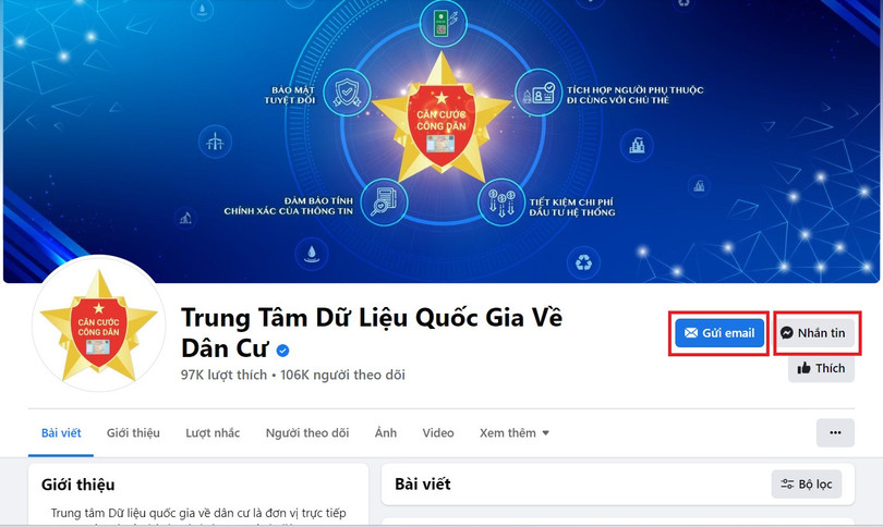 Fanpage của Trung tâm Dữ liệu quốc gia về dân cư. (Ảnh chụp màn hình)