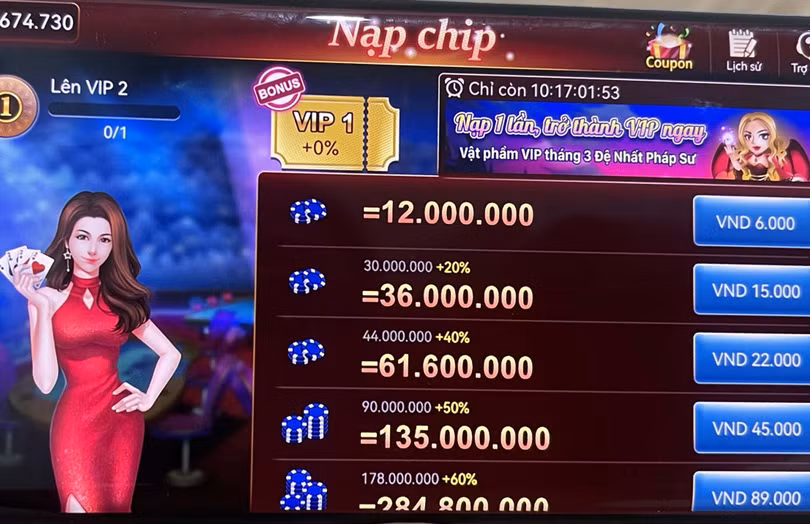 Hình thức nạp tiền trên game bài Tỉ phú Poker...