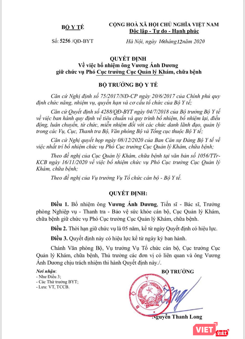 Quyết định bổ nhiệm TS. Vương Ánh Dương do Bộ trưởng Bộ Y tế Nguyễn Thanh Long ký