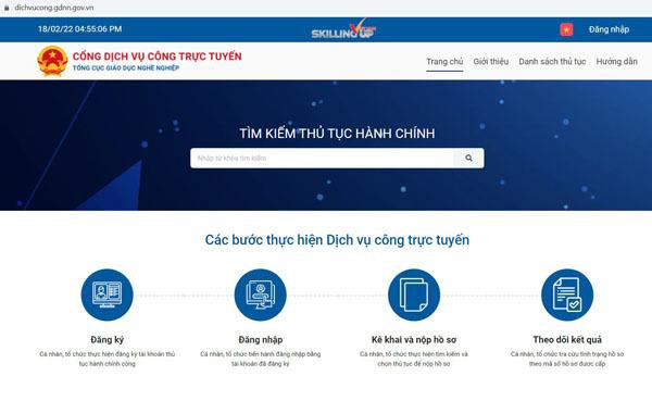 Giao diện Cổng dịch vụ công trực tuyến của Tổng cục Giáo dục nghề nghiệp.