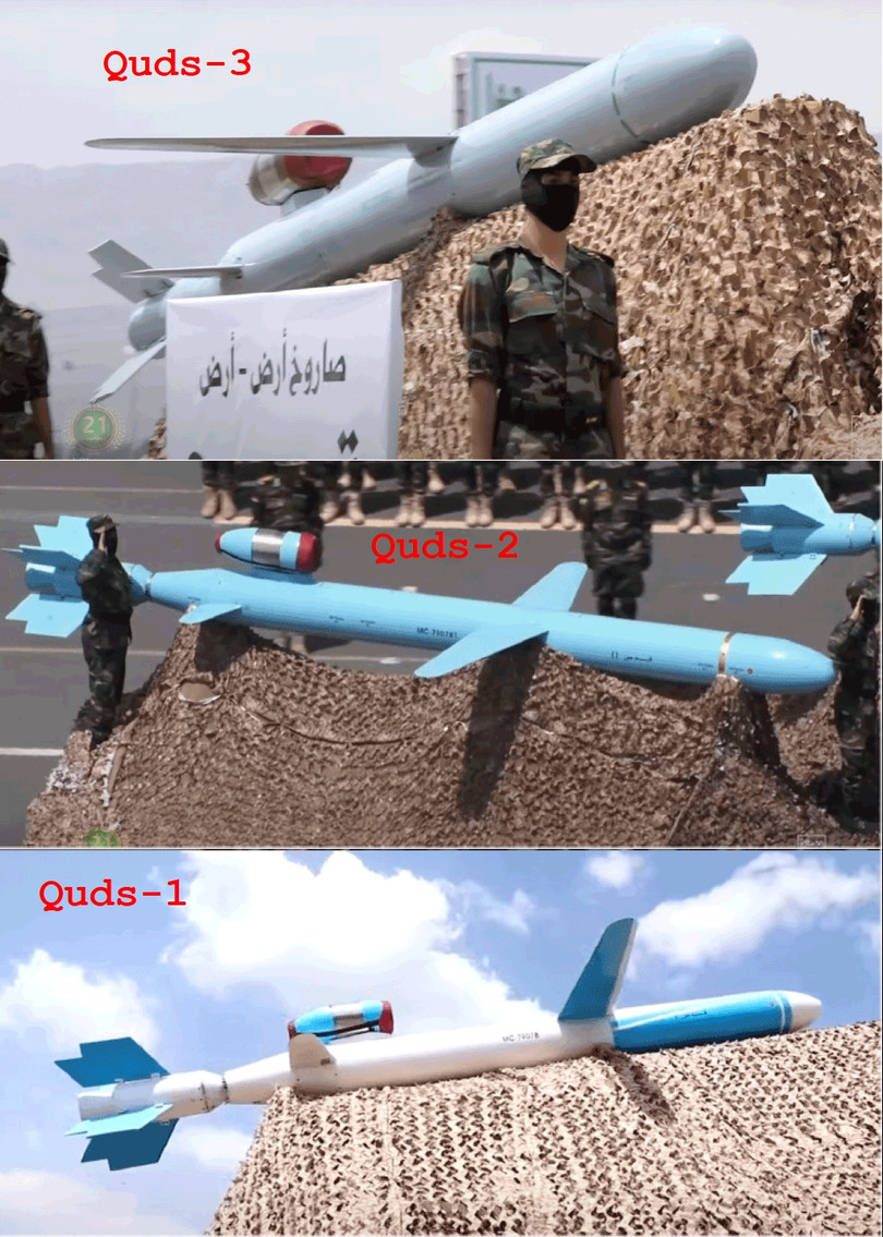 Tên lửa hành trình tầm xa Quds phiên bản 1, 2, 3. Houthi đã sử dụng để tấn công sâu vào lãnh thổ Ả rập Xê út. Ảnh South Front.