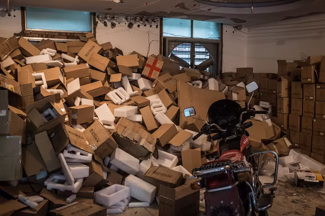 Hình 6: Một núi các vỏ hộp mà phần lớn là những card màn hình được dùng để lắp ráp những dàn máy đào Bitcoin