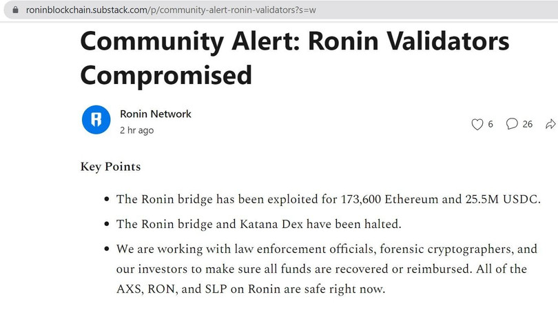 Thông báo của Ronin về viêc hệ thống bị tấn công. Thông báo của Ronin về viêc hệ thống bị tấn công.