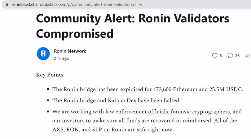Thông báo của Ronin về viêc hệ thống bị tấn công.