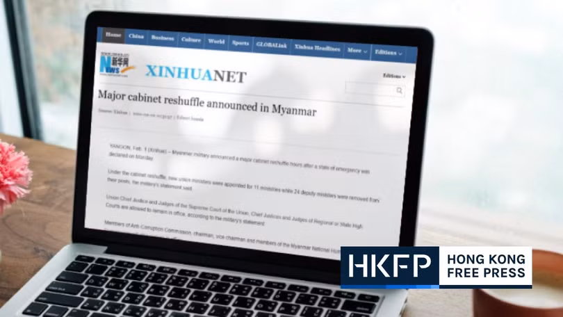 Tân Hoa xã gọi cuộc đảo chính ở Myanmar là "cải tổ nội các" (Ảnh: HKFP).