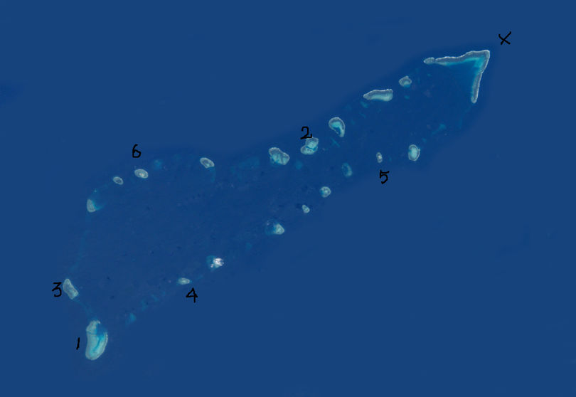 Cụm Sinh Tồn và vị trí các đảo, bãi: Ba Đầu (X), Gạc Ma (1), Cô Lin (3), Len Đao (4), Sinh Tồn Đông (5), Tư Nghĩa (2), Sinh Tồn (6). Ảnh: Wiki). Cụm Sinh Tồn và vị trí các đảo, bãi: Ba Đầu (X), Gạc Ma (1), Cô Lin (3), Len Đao (4), Sinh Tồn Đông (5), Tư Nghĩa (2), Sinh Tồn (6). Ảnh: Wiki).