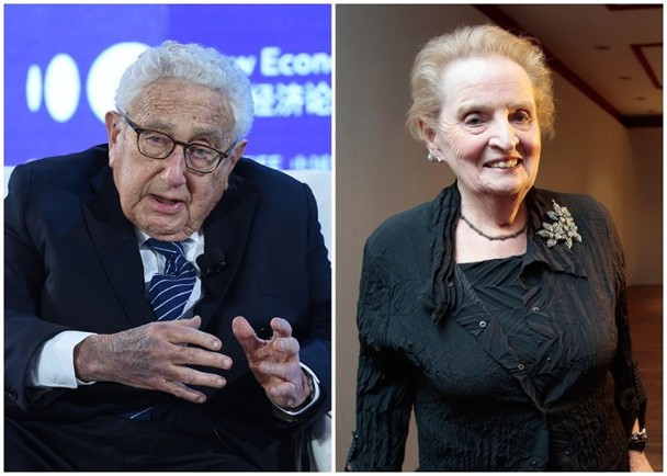 Hai cựu Ngoại trưởng Henry Kissinger và Madeleine Albright vừa bị ông Trump sa thải khỏi Ban chính sách Quốc phòng (Ảnh: Dongfang).