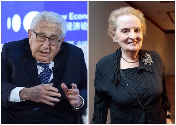 Hai cựu Ngoại trưởng Henry Kissinger và Madeleine Albright vừa bị ông Trump sa thải khỏi Ban chính sách Quốc phòng (Ảnh: Dongfang).