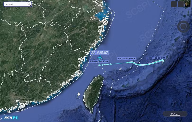 Bản đồ của Dự án Nhận thức tình hình chiến lược Biển Đông (Trung Quốc) công bố cho thấy chiếc CL-604 vào rất gần bờ biển tỉnh Chiết Giang (Ảnh: Dongfang).
