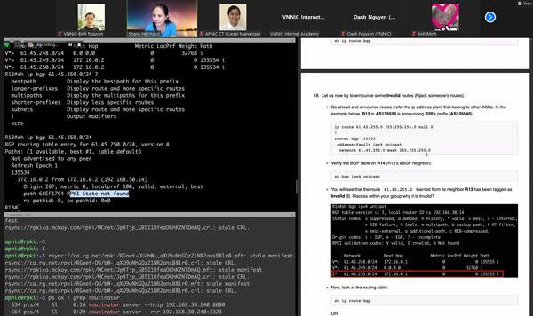 Bài thực hành về bảo mật định tuyến với RPKI được các học viên thực hiện trong ngày 18/5. Bài thực hành về bảo mật định tuyến với RPKI được các học viên thực hiện trong ngày 18/5.