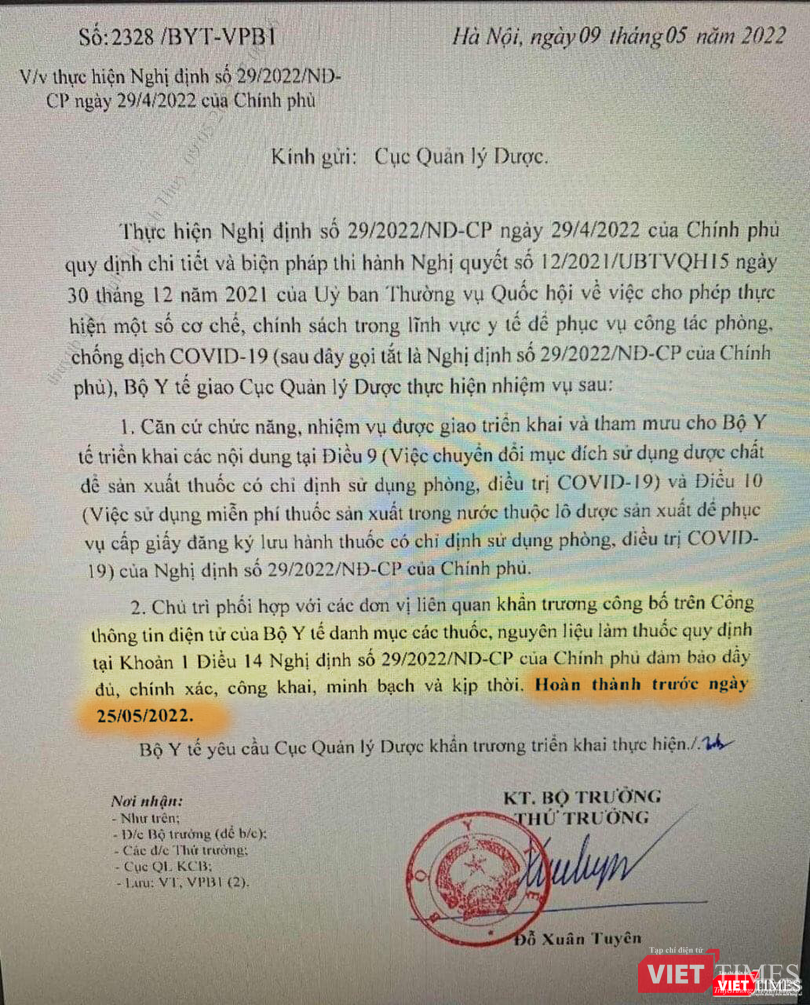 Công văn 2328/BYT-VPB1 của Thứ trưởng Y tế Đỗ Xuân Tuyên giao nhiệm vụ và hạn hoàn thành cụ thể cho Cục Quản lý Dược