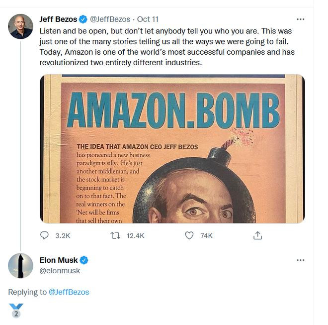 Elon Musk có bình luận châm biếm về bài viết của Jeff Bezos.