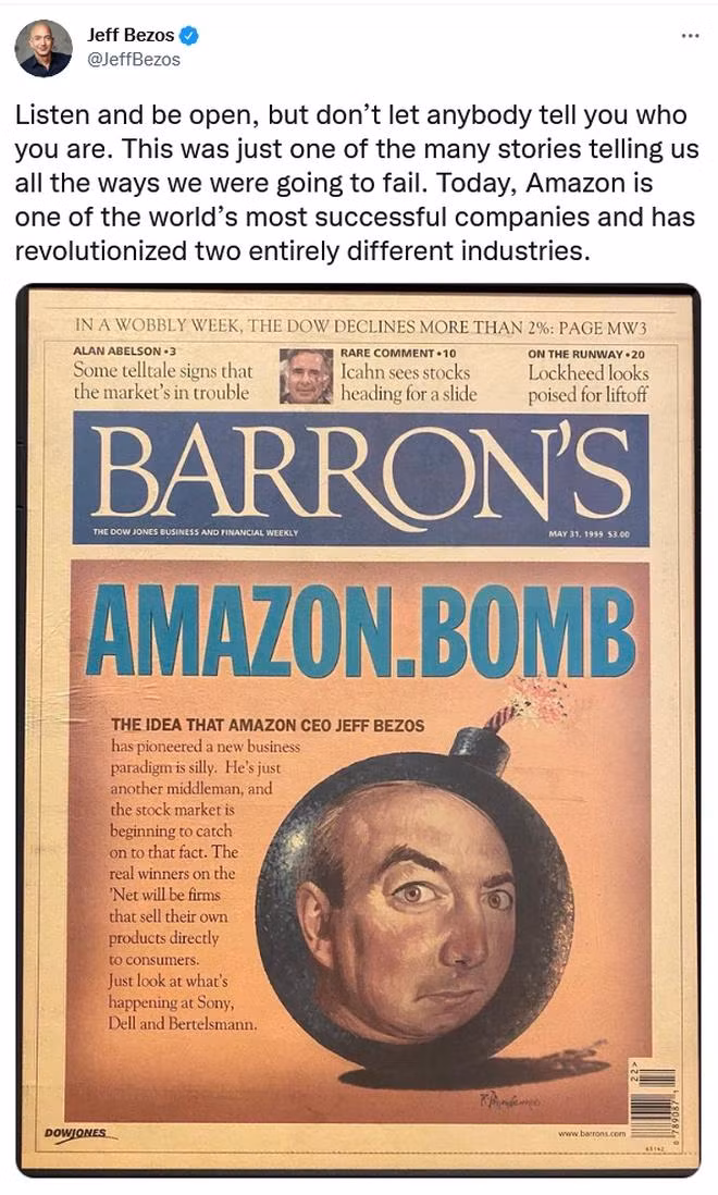 Bài báo năm 1999 dự đoán về sự sụp đổ của Amazon được Jeff Bezos chia sẻ trên trang Twitter của mình.