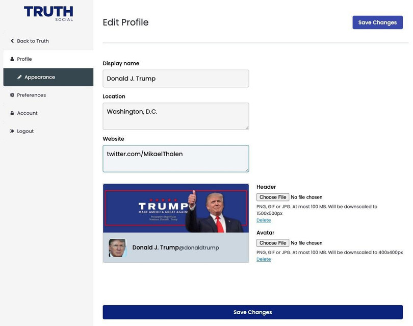 Mạng xã hội của ông Trump bị hack ảnh 2 Lỗ hổng trên Truth Social cho phép mọi người đăng ký tài khoản với tên tùy thích. Ảnh: Mikael Thalen.