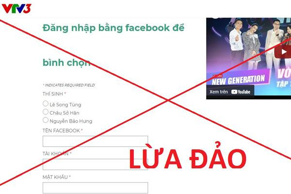 Giao diện trang web của chương trình gameshow Giọng hát Việt nhí. Thông qua trang web này, mục đích của kẻ xấu là lừa người dùng đăng nhập tài khoản Facebook của mình qua việc bình chọn cho các thí sinh. Thông tin tài khoản người dùng sau đó sẽ bị kẻ xấu chiếm đoạt để thực hiện hành vi lừa đảo. Giao diện trang web của chương trình gameshow Giọng hát Việt nhí. Thông qua trang web này, mục đích của kẻ xấu là lừa người dùng đăng nhập tài khoản Facebook của mình qua việc bình chọn cho các thí sinh. Thông tin tài khoản người dùng sau đó sẽ bị kẻ xấu chiếm đoạt để thực hiện hành vi lừa đảo.