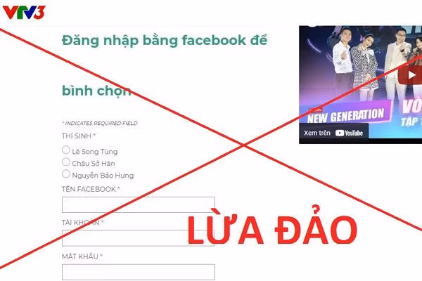 Giao diện trang web của chương trình gameshow Giọng hát Việt nhí. Thông qua trang web này, mục đích của kẻ xấu là lừa người dùng đăng nhập tài khoản Facebook của mình qua việc bình chọn cho các thí sinh. Thông tin tài khoản người dùng sau đó sẽ bị kẻ xấu chiếm đoạt để thực hiện hành vi lừa đảo.