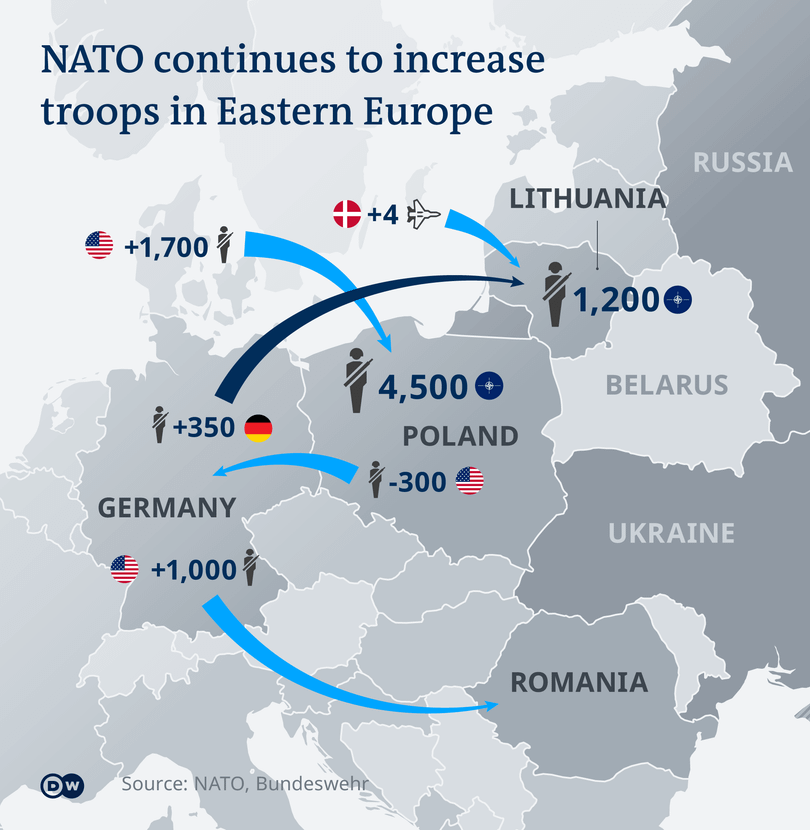 Sự điều chuyển lực lượng của NATO gần đây nhằm đối phó Nga (Ảnh: Deutsche Welle).