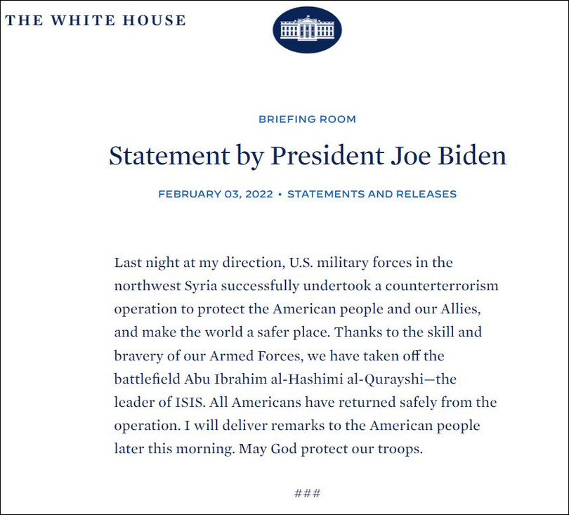 Tuyên bố của ông Joe Biden về vụ việc.