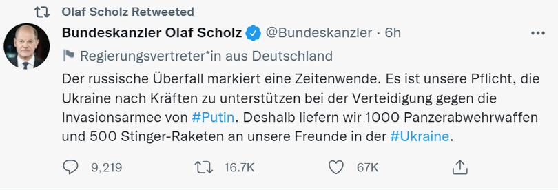 Thủ tướng Đức Scholz tuyên bố viện trợ 1000 tên lửa chống tăng và 500 tên lửa phòng không Stinger cho Ukraine (Ảnh: Twitter).