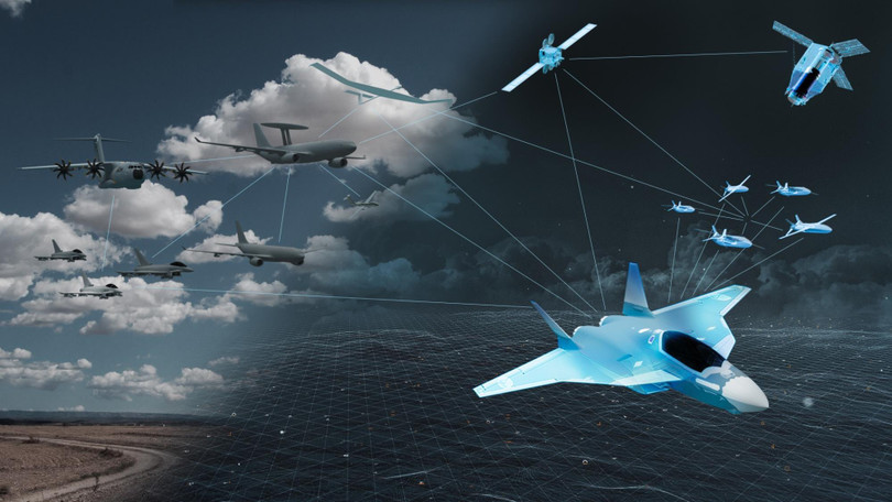 Sơ đồ mô phỏng “Future Combat Air System, FCAS” (Hệ thống Chiến đấu trên không trong tương lai). Ảnh: Airbus Defence. Sơ đồ mô phỏng “Future Combat Air System, FCAS” (Hệ thống Chiến đấu trên không trong tương lai). Ảnh: Airbus Defence.