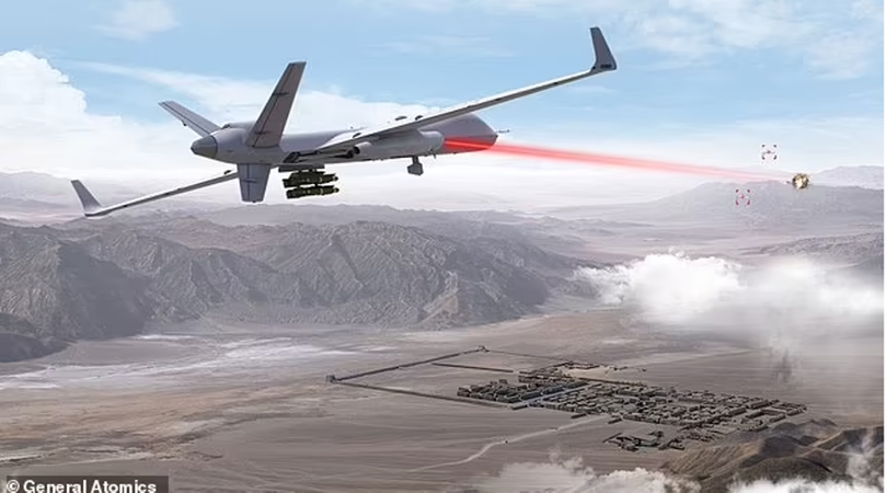 Máy bay không người lái MQ-9B phóng tia laser tiêu diệt mục tiêu. Ảnh: GA.