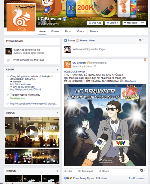 Trang Facebook chính thức của trình duyệt di động UC Browser.