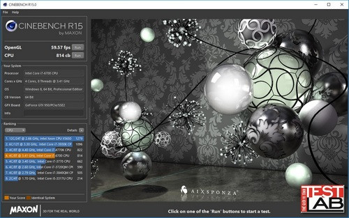 Kết quả hiệu năng đo trên ứng dụng CineBench R15 khi chạy card đồ họa rời Palit GTX 950.