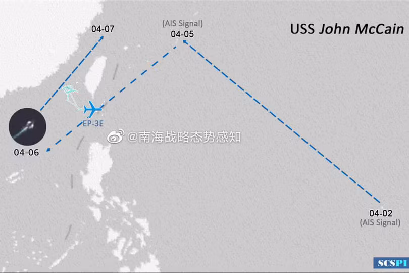 SCSPI công bố sơ đồ hoạt động của tàu chiến và máy bay trinh sát Mỹ áp sát Trung Quốc hôm 7/4 (Ảnh: Đa Chiều).