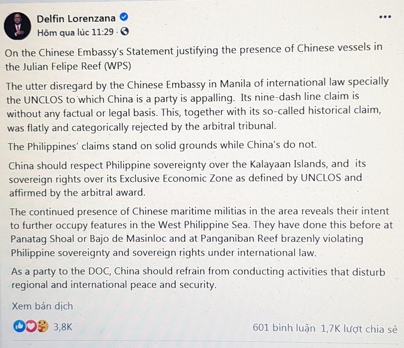 Bản tweet với giọng điệu phê phán Trung Quốc mạnh mẽ của ông Lorenzana (Ảnh chụp qua màn hình). Bản tweet với giọng điệu phê phán Trung Quốc mạnh mẽ của ông Lorenzana (Ảnh chụp qua màn hình).