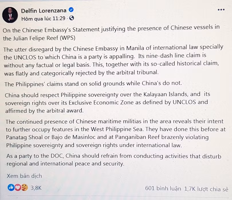 Bản tweet với giọng điệu phê phán Trung Quốc mạnh mẽ của ông Lorenzana (Ảnh chụp qua màn hình).