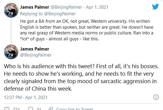 Bản tweet nhận xét về các nhà ngoại giao Trung Quốc của James Palmer