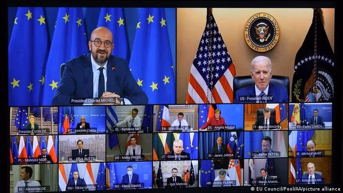 Ngày 26/3, ông Biden gặp gỡ các nhà lãnh đạo EU trực tuyến đánh dấu sự trở lại của nước Mỹ (Ảnh: Deutsche Welle).