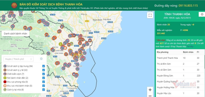 Bản đồ kiểm soát dịch bệnh trên ứng dụng Smart Thanh Hóa Bản đồ kiểm soát dịch bệnh trên ứng dụng Smart Thanh Hóa