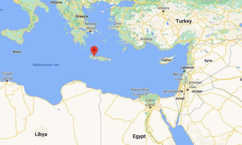 Vị trí vịnh Souda (chấm đỏ) tại Địa trung Hải. Đồ họa: Google Maps Vị trí vịnh Souda (chấm đỏ) tại Địa trung Hải. Đồ họa: Google Maps