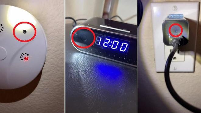 Camera được giấu kín bên trong thiết bị báo cháy (trái), đồng hồ báo thức (giữa) và củ sạc gắn trên tường (phải).