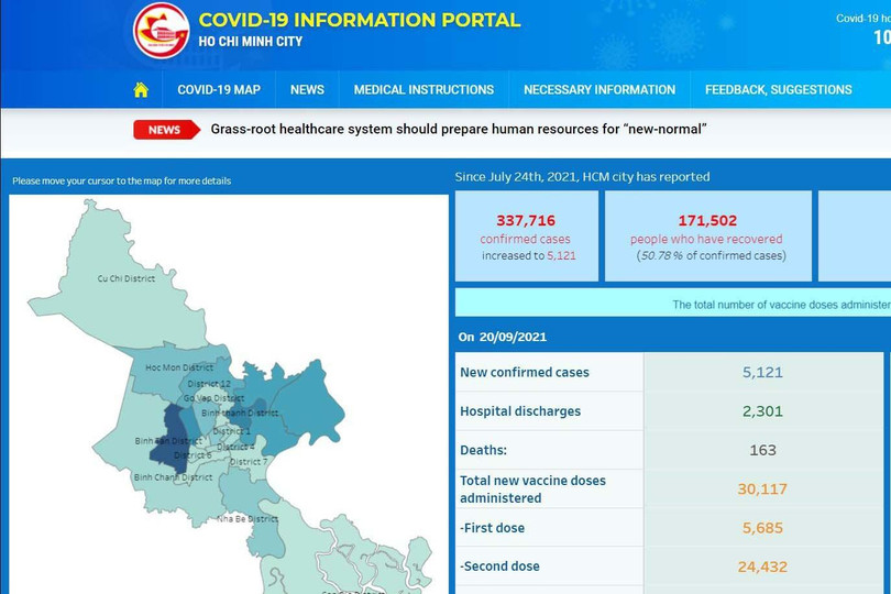 Giao diện trang chủ phiên bản tiếng Anh của Cổng thông tin Covid-19 TP.HCM.