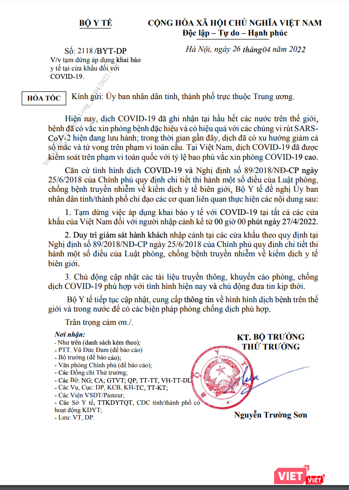 Công văn hoả tốc của Bộ Y tế về việc dừng khai báo y tế với COVID-19