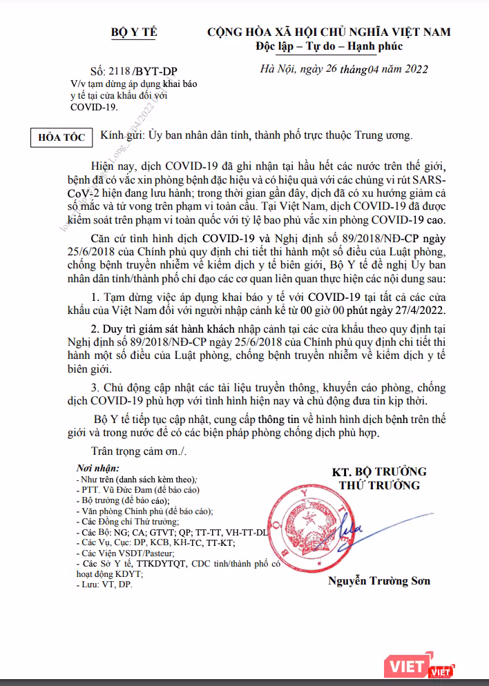 Công văn hoả tốc của Bộ Y tế về việc dừng khai báo y tế với COVID-19