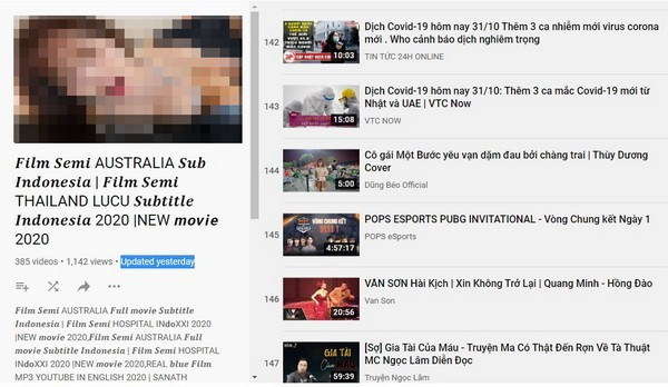 Một playlist nội dung người lớn trước kia dùng để bán view, nay được chỉnh sửa thêm vào nhiều video khác nhau để chơi xấu kênh khác.