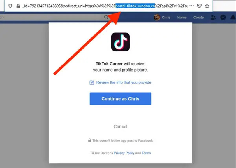 Bất kỳ ứng viên nào chọn đăng nhập bằng Facebook sẽ được chuyển hướng tới một website có đuôi .cn (phần tô đậm). Ảnh: Business Insider.