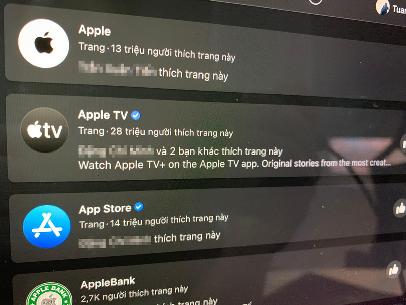 Trang Facebook của Apple vốn không có tick xanh, trong khi trang của các dịch vụ khác lại có, gây hiểu nhầm cho nhiều người. Ảnh: Tuấn Anh. Trang Facebook của Apple vốn không có tick xanh, trong khi trang của các dịch vụ khác lại có, gây hiểu nhầm cho nhiều người. Ảnh: Tuấn Anh.
