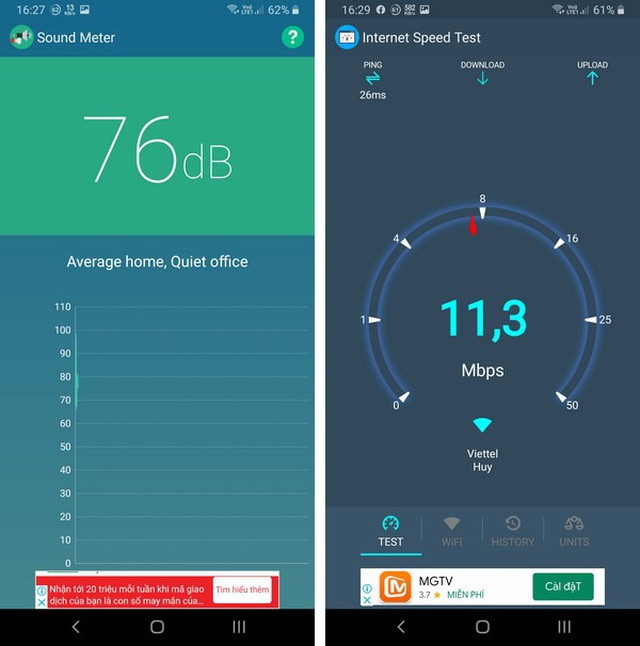 Giao diện của công cụ đo tiếng ồn (trái) và giao diện công cụ đo tốc độ kết nối Internet (phải) do Smart Kit 360 cung cấp Giao diện của công cụ đo tiếng ồn (trái) và giao diện công cụ đo tốc độ kết nối Internet (phải) do Smart Kit 360 cung cấp