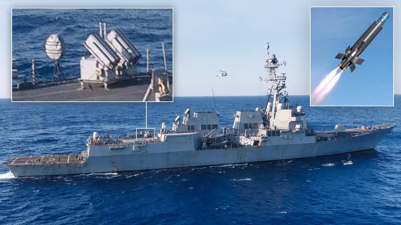 Hệ thống tên lửa chống UAV mới được triển khai trên tàu khu trục USS Bainbridge lớp Arleigh Burke. Ảnh: Wforum.