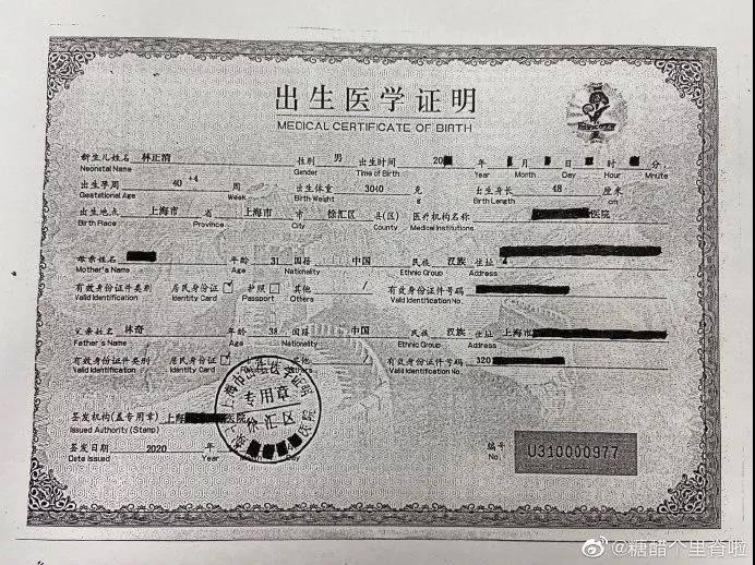 Giấy khai sinh người con trai khác của Lin Qi