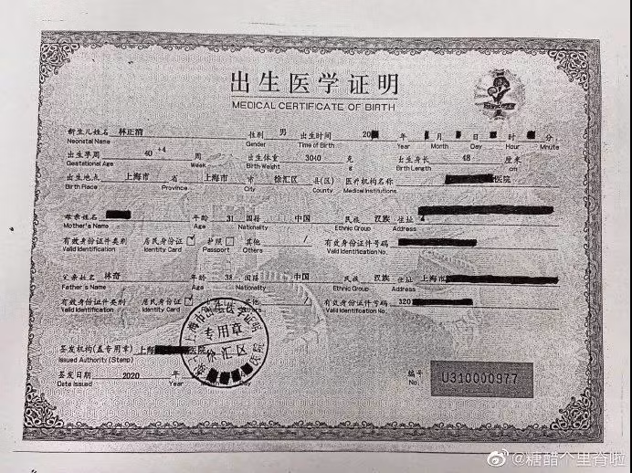 Giấy khai sinh người con trai khác của Lin Qi