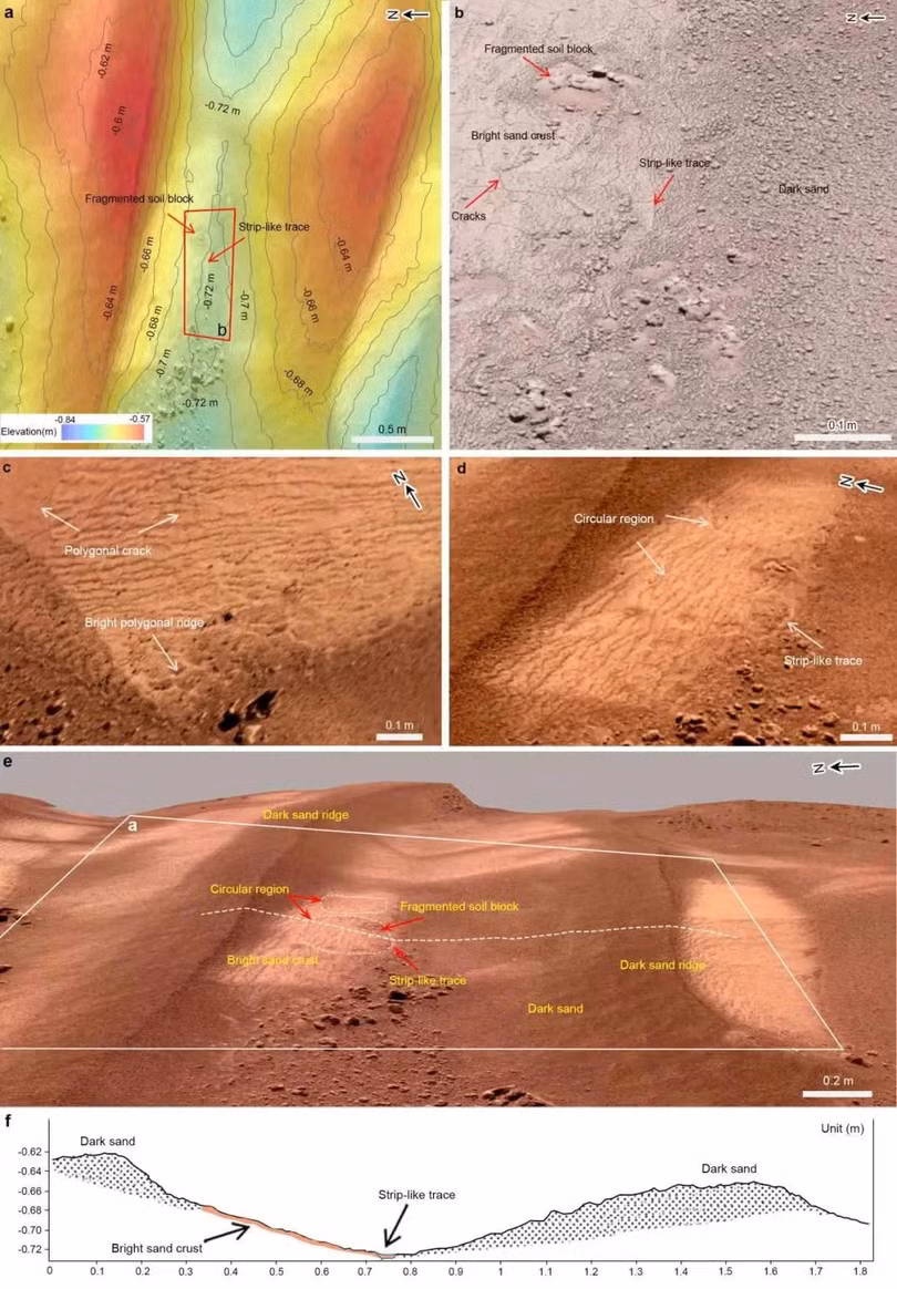 Từ những bức ảnh chụp của xe thăm dò Mặt Trăng, các nhà khoa học Trung Quốc xác định được dấu vết nước trên cồn cát sáng màu sao Hỏa. Ảnh: IGGCAS.