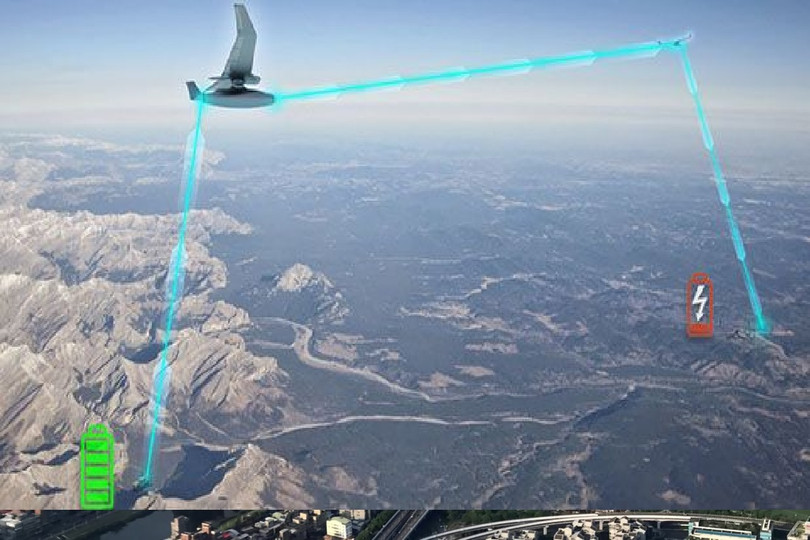 Sơ đồ sử dụng UAV với bộ chuyển tiếp năng lượng quang laser đến vị trí có nhu cầu trên khoảng cách lớn. Ảnh Popular Mechanics.
