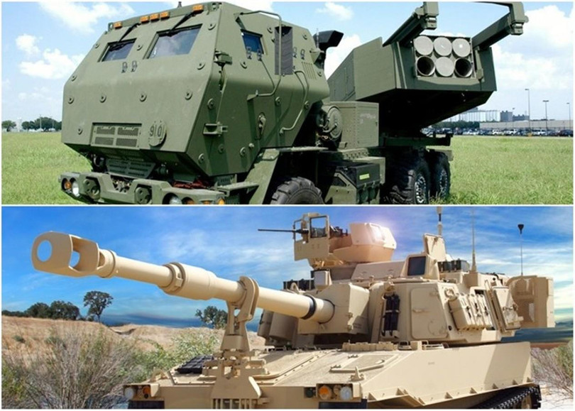 Hai loại vũ khí mà quân đội Đài Loan chuẩn bị mua: Hệ thống pháo phản lực nđa nòng M142 và Pháo tự hành M109A6 Paladin. Ảnh: Đông Phương