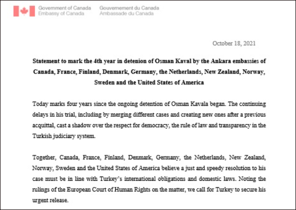 Tuyên bố của 10 đại sứ yêu cầu Thổ Nhĩ Kỳ trả tự do cho ông Kavala