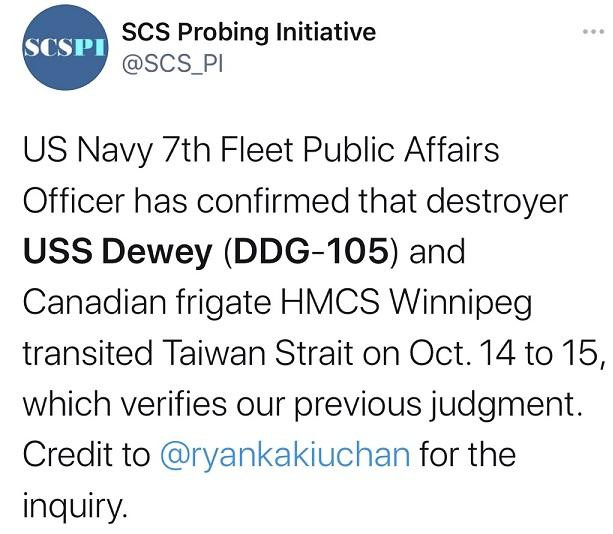 Bản tin của SCSPI về vụ việc tàu chiến Mỹ và Canada đi xuyên qua eo biển Đài Loan